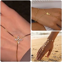 RINHOO Gelang Tangan Baja Kristal Mutiara Zirkon Mode Musim Panas Perhiasan Cincin Gelang Berlapis Emas 18K untuk Wanita Hadiah