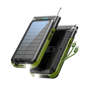 Batterie externe solaire 20000mAh, radio FM d'urgence, lampe torche LED, chargeur de téléphone sans fil, câbles intégrés IOS USB-C, support métallique - Product Image 2