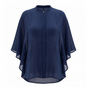 Women's Navy Blue Chiffon Blouse With Mandarin Collar Kimono Sleeve Loose Fit Sheer <b>Layer</b> Minimalist Style Spring Summer <b>Top</b> - Product Image 5