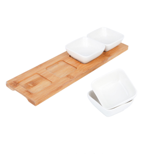 Ensemble de trempette en céramique 3 "bols à collation carrés sur 12" plateau en bambou ivoire blanc plats de service ensemble de 4 - Product Image 5