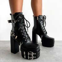 Bottines à talons compensés à boucle noire de haute qualité en faux cuir pour femmes et dames