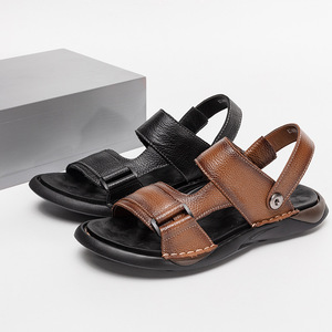 First Layer Cowhide Men's <b>Flat</b> <b>Sandals</b> Open Toe Buckle Strap Anti Slip Rubber Sole Summer Casual Solid Color Genuine Leather - Product Image 2