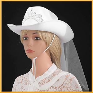 Cappello da Cowboy da Sposa con Velo e Corona di Strass, Set Combinato, Cappello Nuziale per Decorazioni per Addio al Nubilato e Regalo per la Futura Sposa - Product Image 6