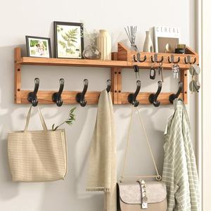 Wooden Wall Mounted Coat Rack With <b>Shelf</b> And <b>Hooks</b> For Entryway Storage Organizing Clothes Bags Keys Durable Design - Product Image 1