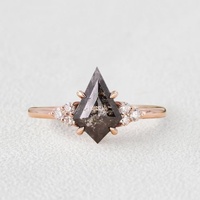 Bague de fiançailles en or jaune 14 carats sur argent sterling 925, forme cerf-volant, quartz rutilé noir naturel, anneaux en quartz véritable