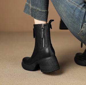 Chaussures à talon épais et bout pointu en cuir véritable et peau de mouton faites à la main pour femme, collection printemps-automne, à enfiler - Product Image 2