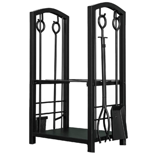 Firewood Rack Bin Log Holder with Fireplace Tools Set Includes Firewood Rack, Brush, Shovel, Poker, and Tongs