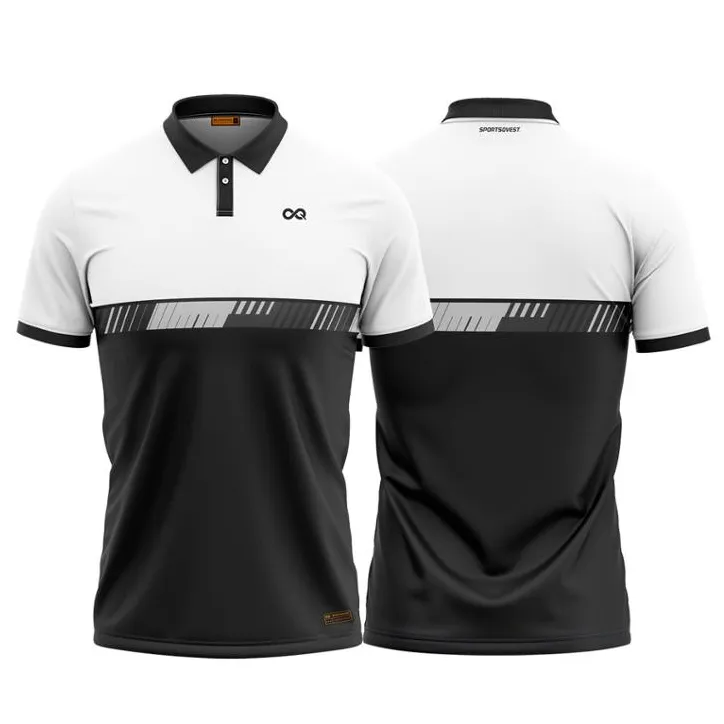 100% Eco Friendly & Breathable jersey material Mens Polo Collar 2 Button Placket White & Black Printed Tshirt for bulk orders
