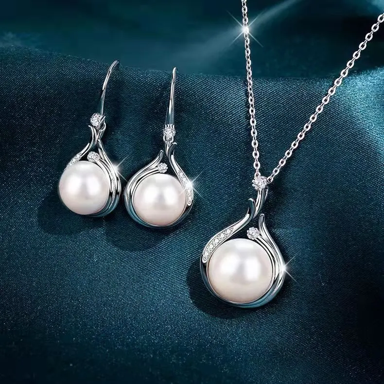 2 in 1 Luxury Fashion Women Bridal Jewellery 100% Real Pearl Pendant Necklace Earrings sets 925 Silver Stainless Jewelry Set