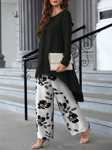 Ensemble 2 pièces imprimé floral noir et blanc, minimaliste, modeste, respirant, ODM, haut à manches longues irrégulier et pantalon large, Ramadan Printemps/Été - Product Image 3