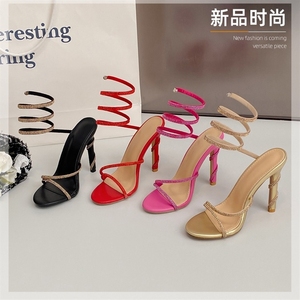 Factory Wholesale New Summer Serpentine Rhinestone Heels <b>Wrapped</b> in Stiletto Sandals for Women Pu Upper Heel Sandals - Product Image 2