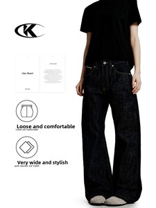 11KN Unisex Customizable Selvedge Raw Denim Wide Leg <strong>Jeans</strong> - Unwashed Non-Sanforized Black Denim Pants with Exquisite Tailoring - Product Image 1