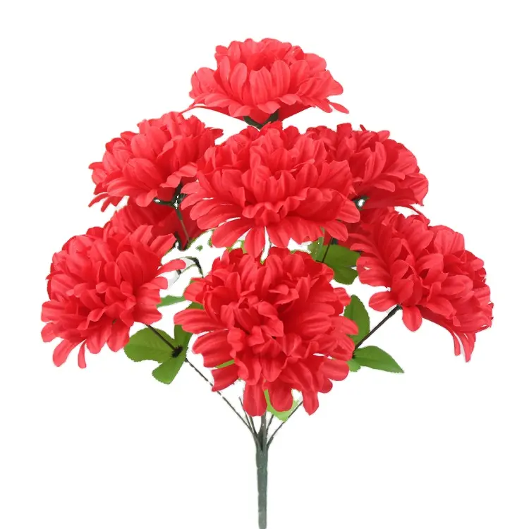 China Cheap Flowers 9 Heads Artificial Silk Mum Bouquet Flower For Cemetery Flowers for Graves