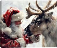 Tableau mural Père Noël et rennes, scène de Noël chaleureuse avec neige, peinture à l'huile, impression sur toile encadrée, décoration intérieure