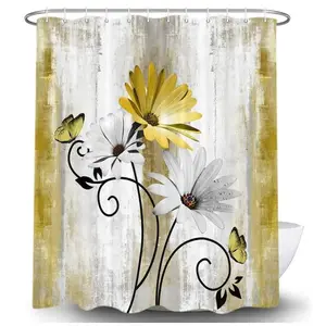 Inyahome Rustic Farmhouse Farm Teal Daisy Floral Flowers and Butterfly on Country Wooden Shower Curtain for Bathroom