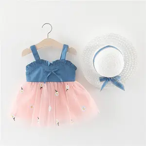 女の赤ちゃんセクシーなサスペンダードレス子供用ソフトデニムパネルチュールスカート帽子付きのユニークな女の赤ちゃんのドレス