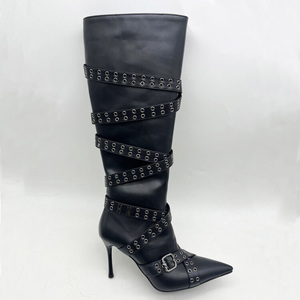 Trending Gold Side Zipper Women's Knee High Boots Pointed Toe Metal Studded Cross Straps Long Booties Stiletto Heel <b>Shoes</b> - Product Image 4