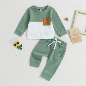 Trendy outfit voor babyjongens, kleurblok wafelprint, zachte katoenen stof, top met opgestikte zak & joggingbroek, casual <span class=keywords><strong>set</strong></span> - Product Image 1