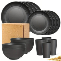 Ensemble de vaisselle écologique 16 pièces en paille de blé, assiettes, bols et tasses noirs incassables pour la maison et l'extérieur