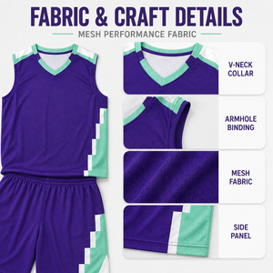 Seragam Basket Remaja Geometris Ungu Mint Kustom, Set Jersey Berbahan Mesh Bernapas dengan Kerah V untuk Liga Basket Kampus - Product Image 4