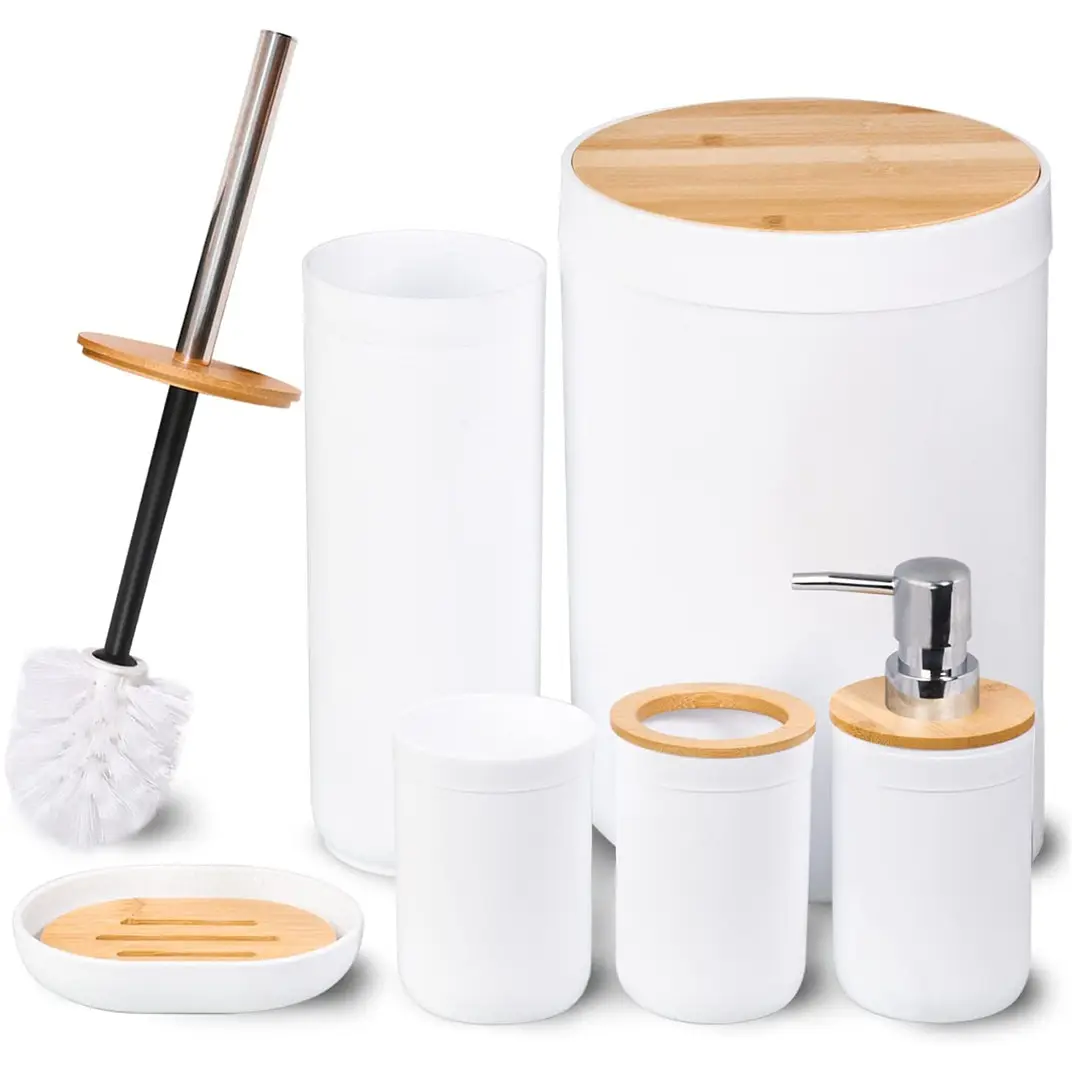 Modern European Style Household 6 Pieces Bamboo Lid Plastic Bathroom Sets Luxury Bathroom Accessories for Hotels