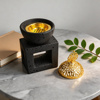 Brûleur d'encens moderne en céramique noire avec couvercle en filigrane doré |   Bakhoor arabe minimaliste, décoration aromatique pour la maison, aromathérapie