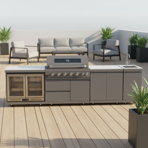 <span class=keywords><strong>Cuisine</strong></span> extérieure personnalisée avec îlot barbecue, four à pizza, plaque de cuisson, évier, réfrigérateur et armoires - Product Image 6