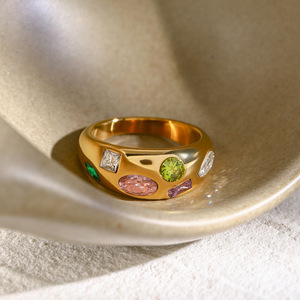 Women's Geometric 18k <b>Gold</b> Plated <b>Ring</b> with Colored Zircon Stones Bezel Setting Fashion Jewelry Gift Jinhua Model JDR2403017 - Product Image 4