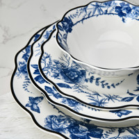Ensemble de 24 assiettes à dîner en céramique élégante, motif floral oriental bleu, vaisselle élégante pour usage personnel