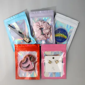 Bolsas de embalaje holográficas de plástico de color Mylar para regalos, bolsa de embalaje de alimentos, bolsas recerrables con cremallera a prueba de olores con ventana