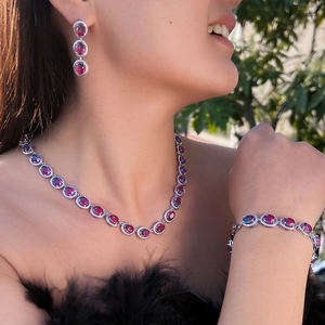 3 قطعة أنيقة قوس قزح مكعب زركونيا توباز البيضاوي إسقاط أقراط قلادة و سوار مجموعة مجوهرات هدية للسيدات حزب وصيفه الشرف - Product Image 2