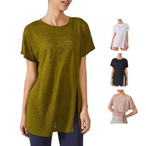 Round <b>Neck</b> Breathable Four-Way Stretch Fitness T-Shirts Workout Short Sleeve Yoga Shirt Solid Color Women Polyester/Cotton - Product Image 1