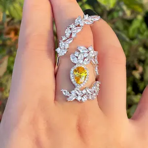 Trendy Shiny Yellow Cubic Zirconia Leaf Shape Big Cocktail Party Engagement Open Rings for Women Luxury CZ Jewelry Accessories
