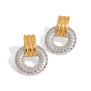 Boucles d'oreilles pendantes à vis en acier inoxydable bicolore or et argent, bijoux géométriques tendance - Product Image 1