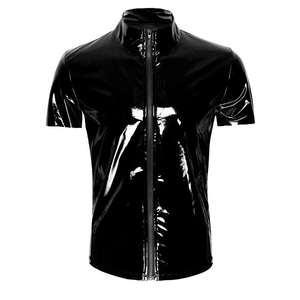 MOGlovers Femmes Sexy Brillant PVC <span class=keywords><strong>Latex</strong></span> Cuir Bodycon Chemises Tops Manches Courtes Fermeture Éclair Col Roulé Punk Club Party Wear Costumes - Product Image 6