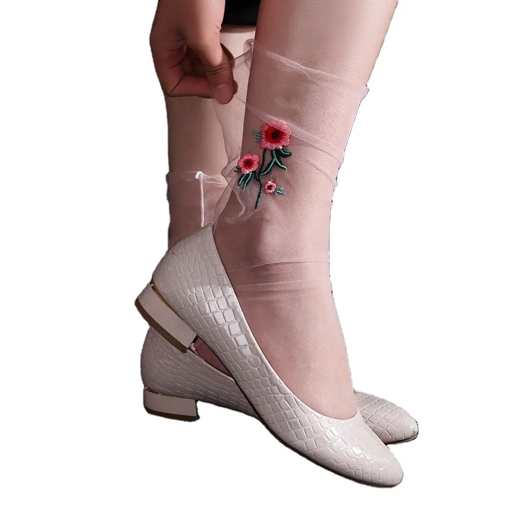 Mujeres Sexy ultra pura bordar flores rosa calcetines de rejilla de malla de verano medias