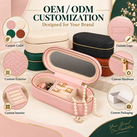 Boîte à bijoux ovale en cuir PU la plus vendue, avec fermeture éclair, multifonctionnelle, portable, miroir intégré, couleur personnalisable, pour boucles d'oreilles et bagues