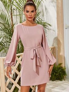 Vestido de Punto con Cuello Redondo y Línea A para Mujer, Vestido Mini Informal de Manga Larga con Estilo Holgado para Oficina, Vestidos de Color Sólido para Mujer - Product Image 2