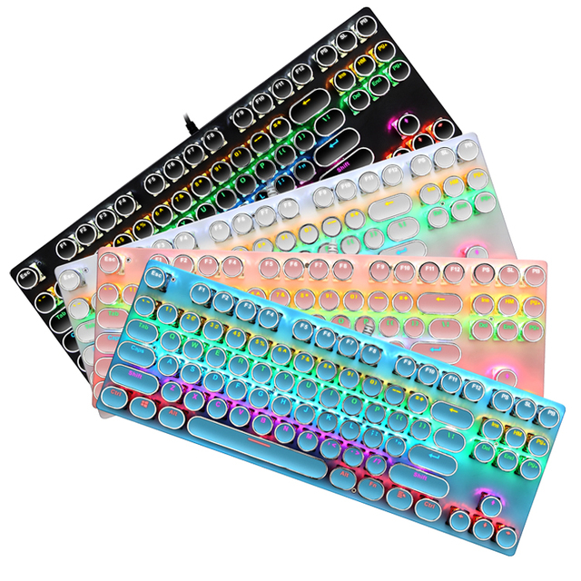 Electroplating Punk Mechanical Keyboard 87 Keys Blue Switch Gaming Keyboards 7-Color Backlight Wired Keyboard for Laptop Desktop