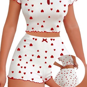 Ensemble pyjama pour femme à manches courtes et motif cœur, en jacquard côtelé, très vendu, pour le commerce électronique transfrontalier depuis l'Europe - Product Image 5