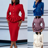 D646 Nouveauté : Ensemble tailleur femme chic pour le bureau – Haut à col montant et manches longues à volants et jupe – Tenue professionnelle 2 pièces pour femme