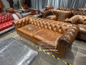 Canapé Chesterfield 3 places en cuir véritable, style vintage américain rétro - Product Image 3