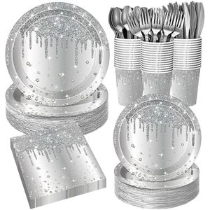 Silver Glitter Diamond Paper <b>Plates</b> Cups Napkins Cutlery Set For Wedding Birthday Party <b>Disposable</b> Tableware Kit - Product Image 1