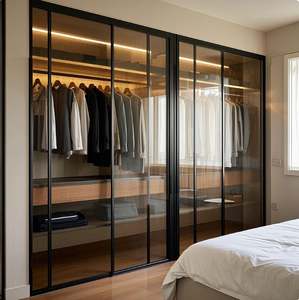 Ensemble de meubles de rangement pour vêtements modernes, armoire sur mesure pour chambre à coucher, porte en aluminium et en verre, armoire walk-in en bois, design d'armoire - Product Image 2