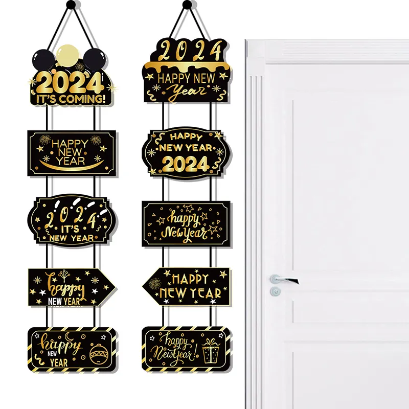 10pcs/Pack Happy New Year 2024 Hanging Banner Door Sign Paper Porch Sign for Bedroom Door New Year Decor 2024