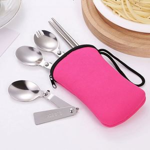 Custom Logo Reusable Travel Cutlery Set <b>Folding</b> Spork Detachable Chopsticks Zipper Pouch for Promotional Activities - Product Image 5