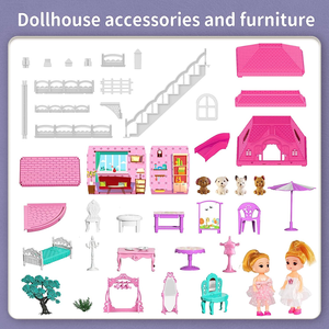 Maison de poupée pour enfants de 3 à 6 ans, pour filles, maison de jeu à 3 étages et 6 pièces avec 2 poupées et figurines - Product Image 6