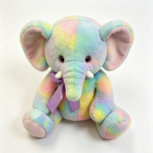 customize Soft fuzzy rainbow safari elephant stuffed toy with big floppy <b>pink</b> inner ears & small white tusks - Product Image 3