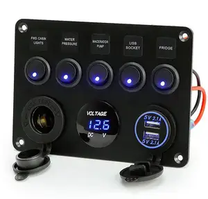 12V Étanche RV Led Interrupteur Panneau En Aluminium Pré-Câblé 5 Gang Interrupteur À Bascule Panneau Pour Marine Bateau Voiture Véhicules Camion Bleu Éclairé