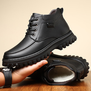 Botas de nieve de invierno para hombre, zapatos informales con cordones de cuero negro, suela gruesa, impermeables, cálidos, con forro de algodón, para personas de mediana edad y mayores - Product Image 3